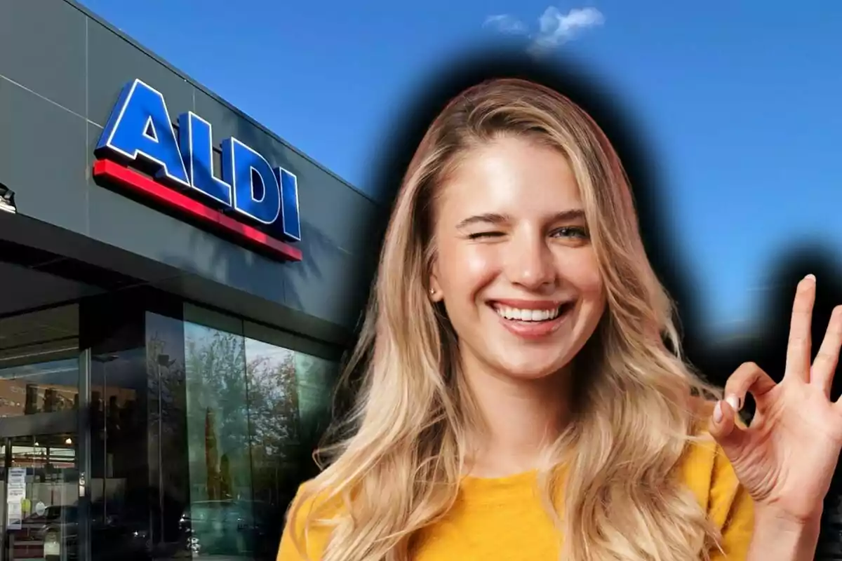 Blonde woman smiling and making the OK gesture in front of an Aldi store. Blonde woman smiling and making the OK gesture in front of an Aldi store.