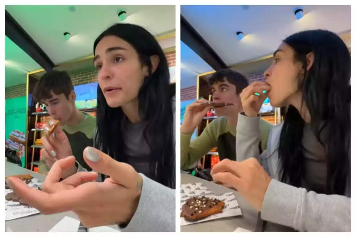 Dues persones joves estan assegudes en una taula de cafeteria, una d’elles és la Natalia Lacunza, menjant postres de xocolata mentre conversen i gaudeixen del moment. Dues persones joves estan assegudes en una taula de cafeteria, una d’elles és la Natalia Lacunza, menjant postres de xocolata mentre conversen i gaudeixen del moment.
