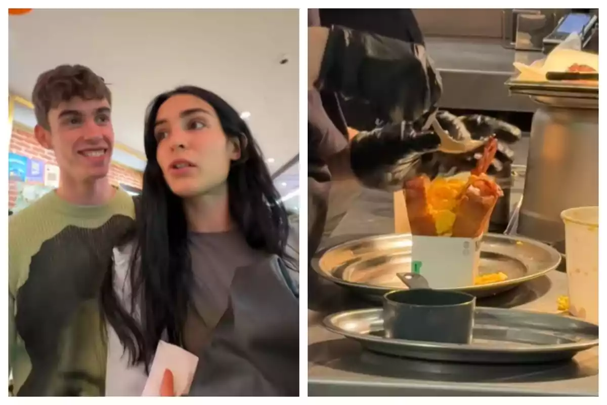 Una parella jove en un centre comercial observa mentre un treballador prepara menjar en una safata de metall, una d'elles és Natalia Lacunza. Una parella jove en un centre comercial observa mentre un treballador prepara menjar en una safata de metall, una d'elles és Natalia Lacunza.