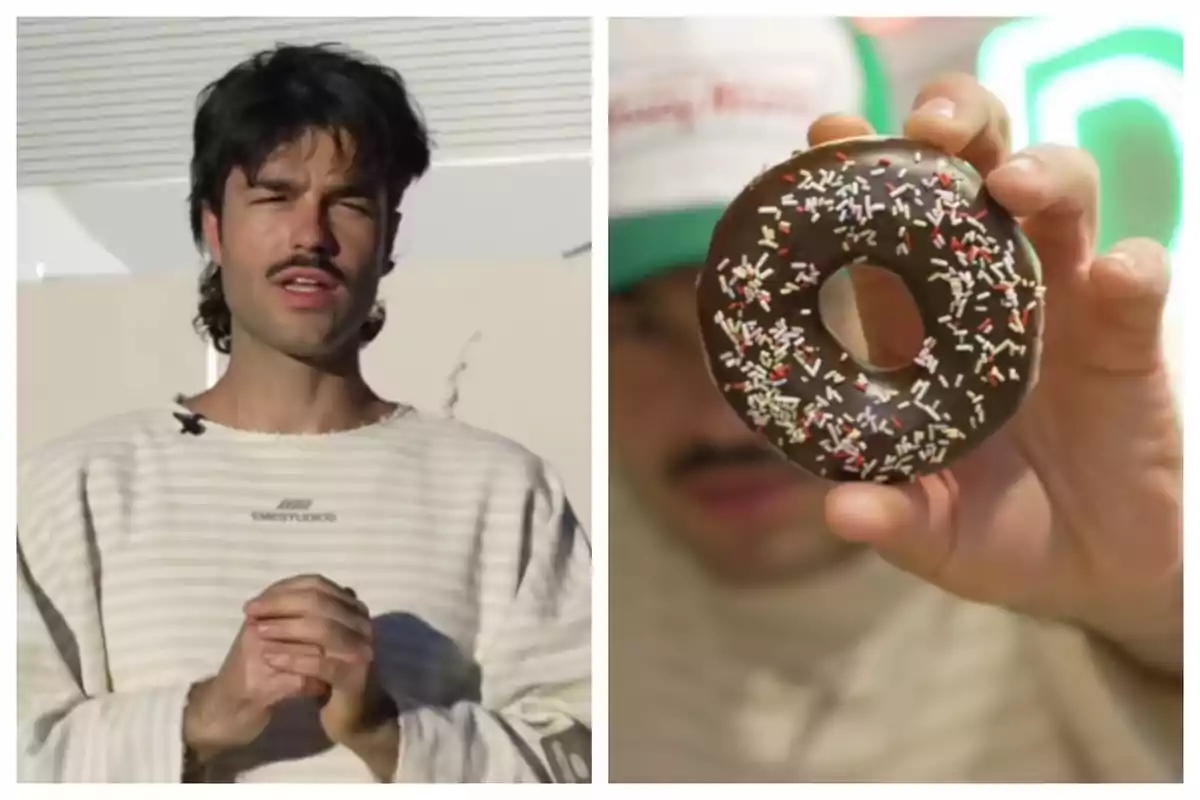 Peldanyos con bigote y suéter claro aparece al aire libre y en la segunda imagen sostiene un donuts cubierto de chocolate y chispas de colores.