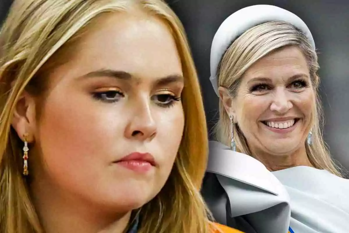 Dues dones rosses, Amàlia d'Holanda amb expressió seriosa en primer pla i Màxima d'Holanda somrient al fons, totes dues amb arracades llargues