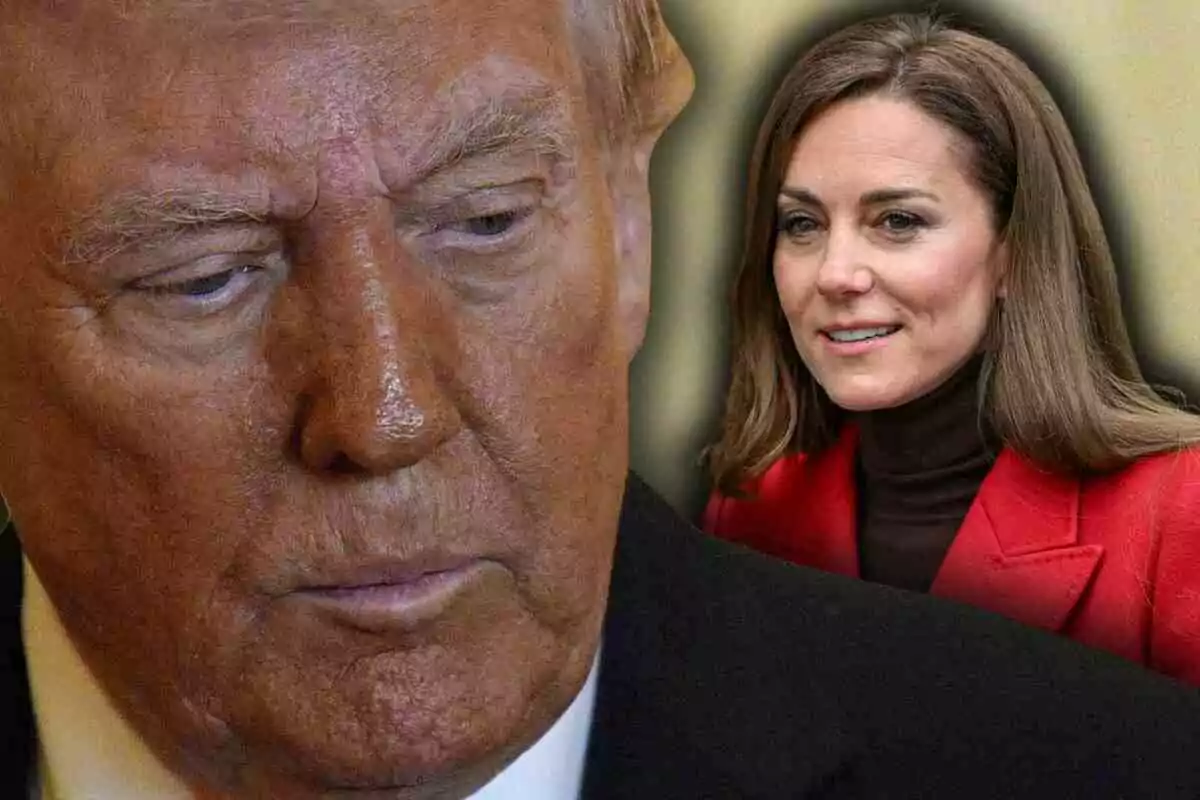 Primer pla de Donald Trump de rostre seriós i Kate Middleton somrient al fons amb jaqueta vermella.