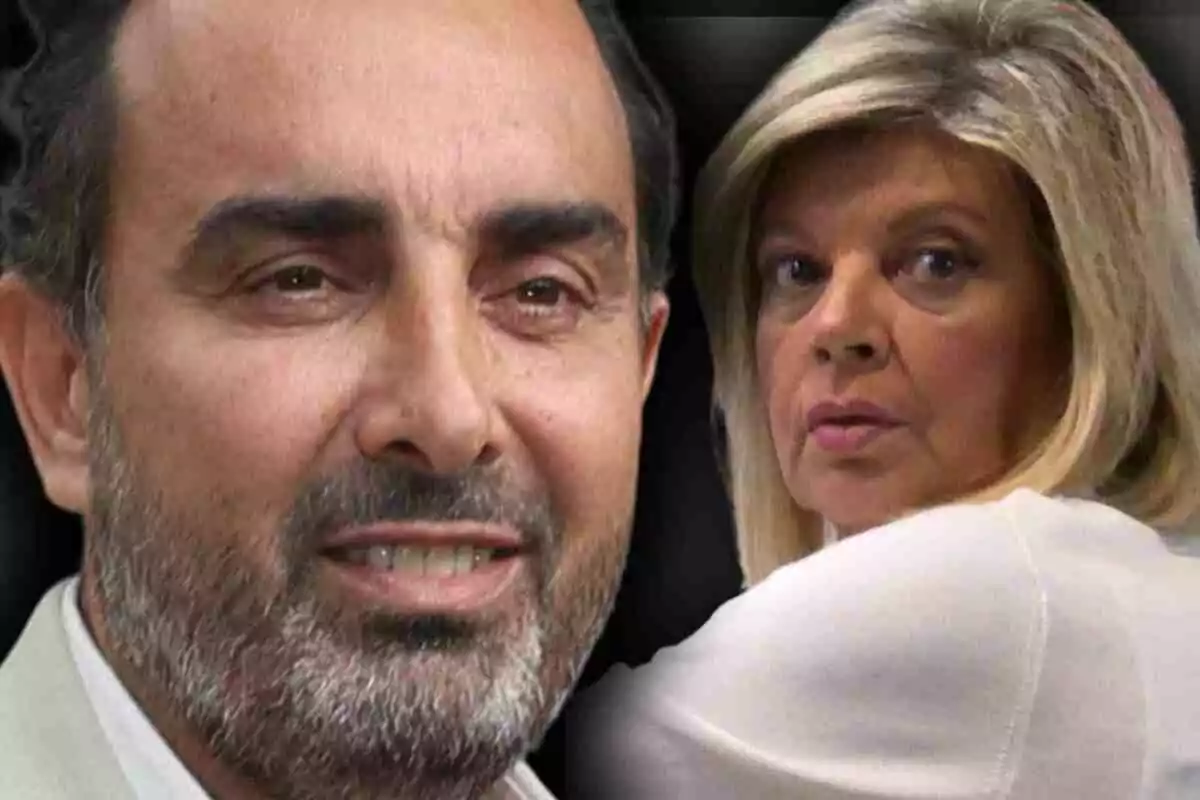 Primer plano de Fidel Albiac con barba y Terelu Campos mirando hacia atrás sobre un fondo oscuro Primer plano de Fidel Albiac con barba y Terelu Campos mirando hacia atrás sobre un fondo oscuro