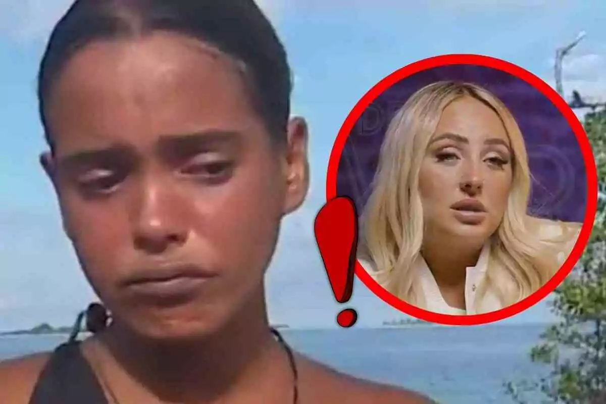 Gloria Camila de pell bronzejada amb expressió trista a l’aire lliure i un cercle vermell amb el rostre de Rocío Flores amb actitud seriosa superposat a la imatge