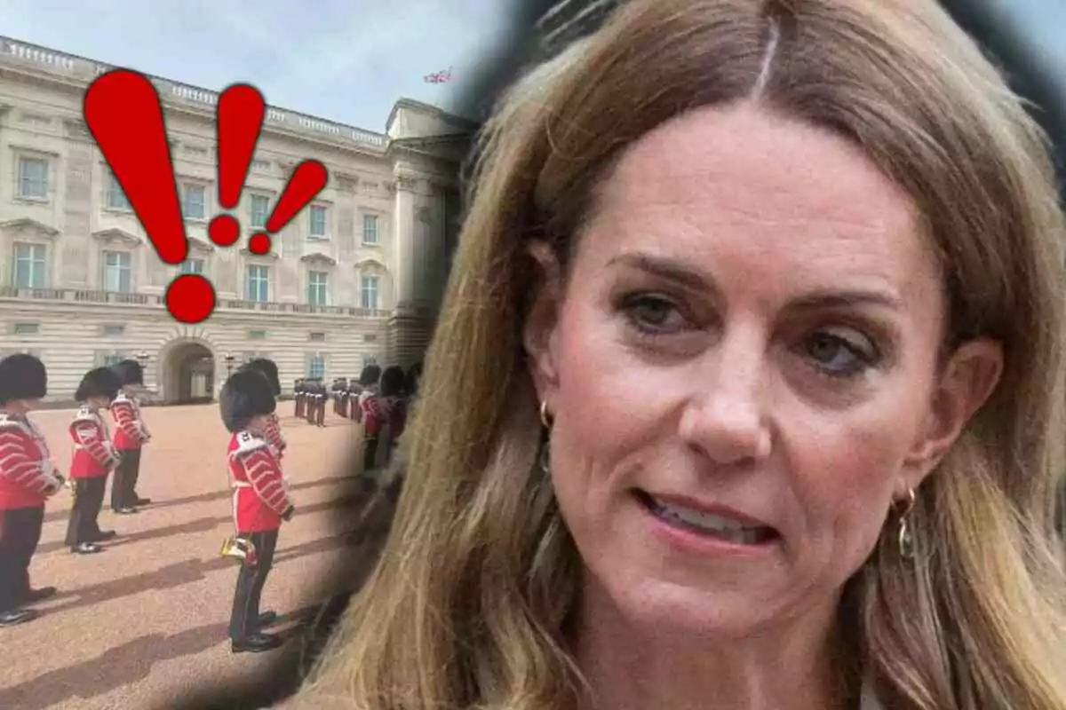 Primer pla de Kate Middleton amb expressió seriosa al costat d’una imatge del Palau de Buckingham amb guàrdies i grans signes d’exclamació vermells