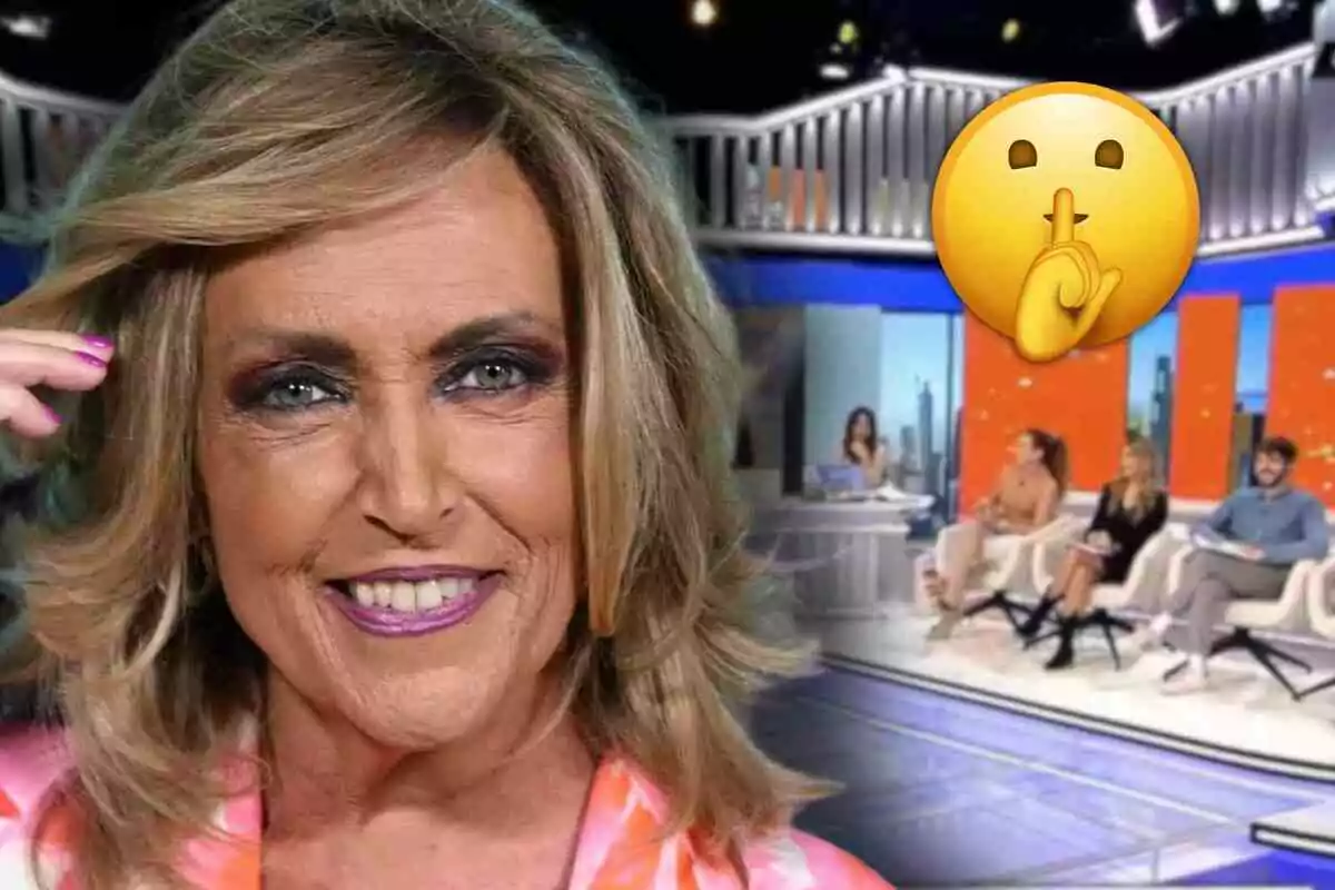 Lydia Lozano sonriente en primer plano con fondo de 'Aruser@s' y un emoji de silencio