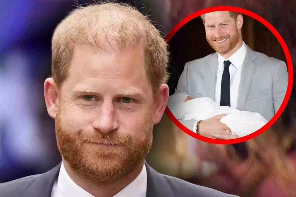 El príncipe Harry con barba en primer plano y en la esquina superior derecha aparece la misma persona sonriendo y sosteniendo a Archie envuelto en una manta blanca. El príncipe Harry con barba en primer plano y en la esquina superior derecha aparece la misma persona sonriendo y sosteniendo a Archie envuelto en una manta blanca.