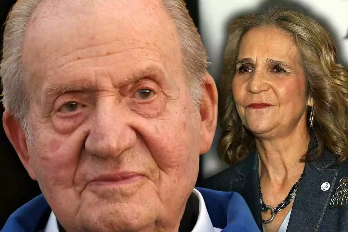 Primer pla del rei Joan Carles amb expressió seriosa i la infanta Elena al fons somrient lleument Primer pla del rei Joan Carles amb expressió seriosa i la infanta Elena al fons somrient lleument