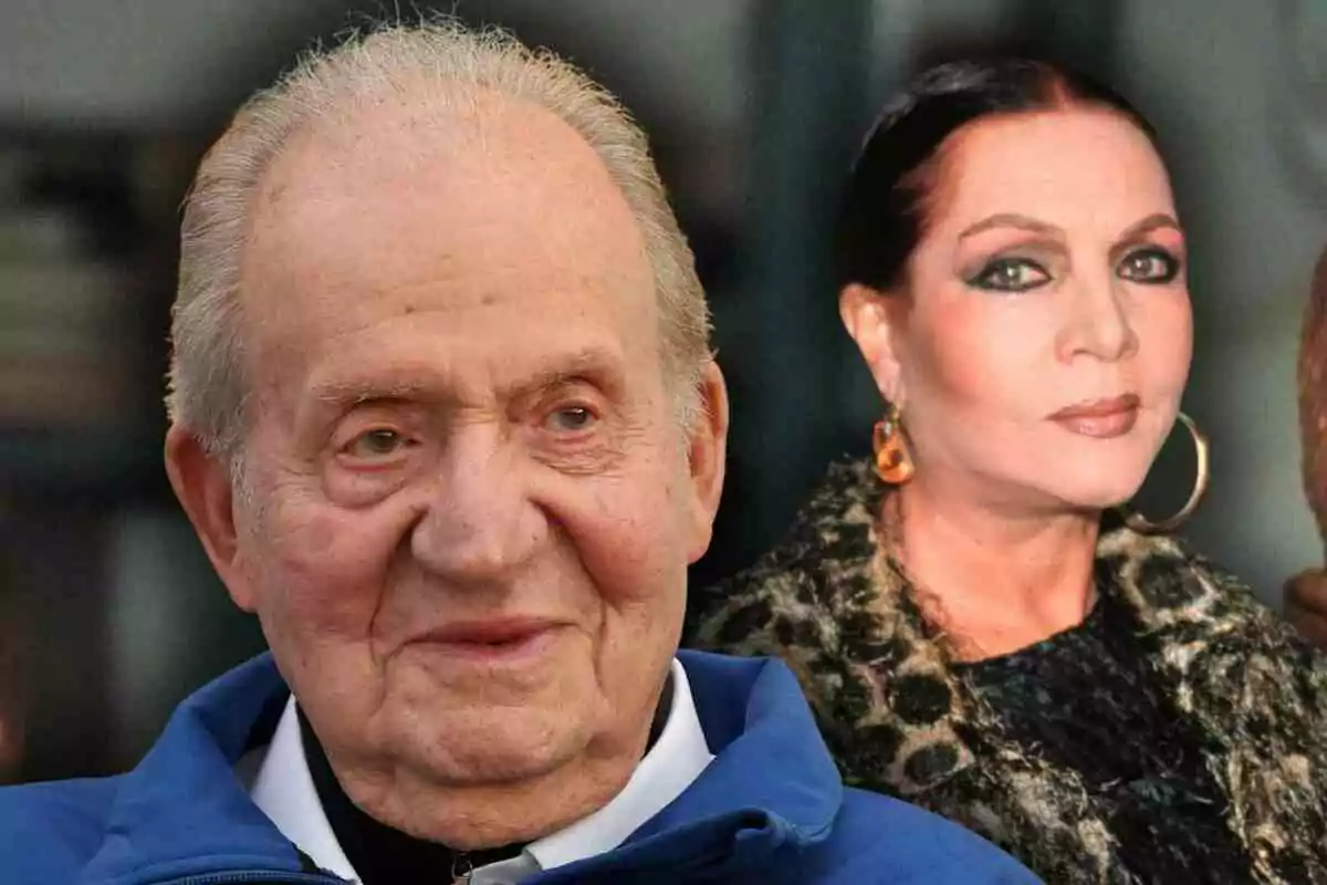 El rei Joan Carles I amb jaqueta blava al davant i Sara Montiel de cabells foscos i arracades grans al fons