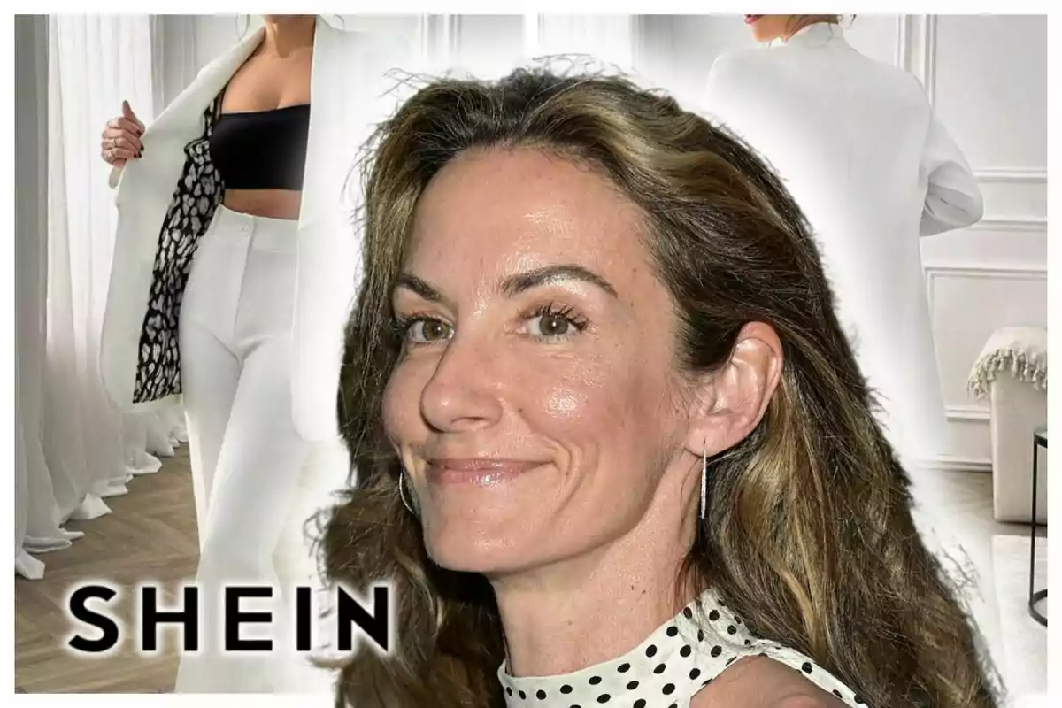 Telma Ortiz somrient en primer pla amb un fons de models vestint roba blanca elegant i el logotip de Shein a la cantonada inferior esquerra. Telma Ortiz somrient en primer pla amb un fons de models vestint roba blanca elegant i el logotip de Shein a la cantonada inferior esquerra.