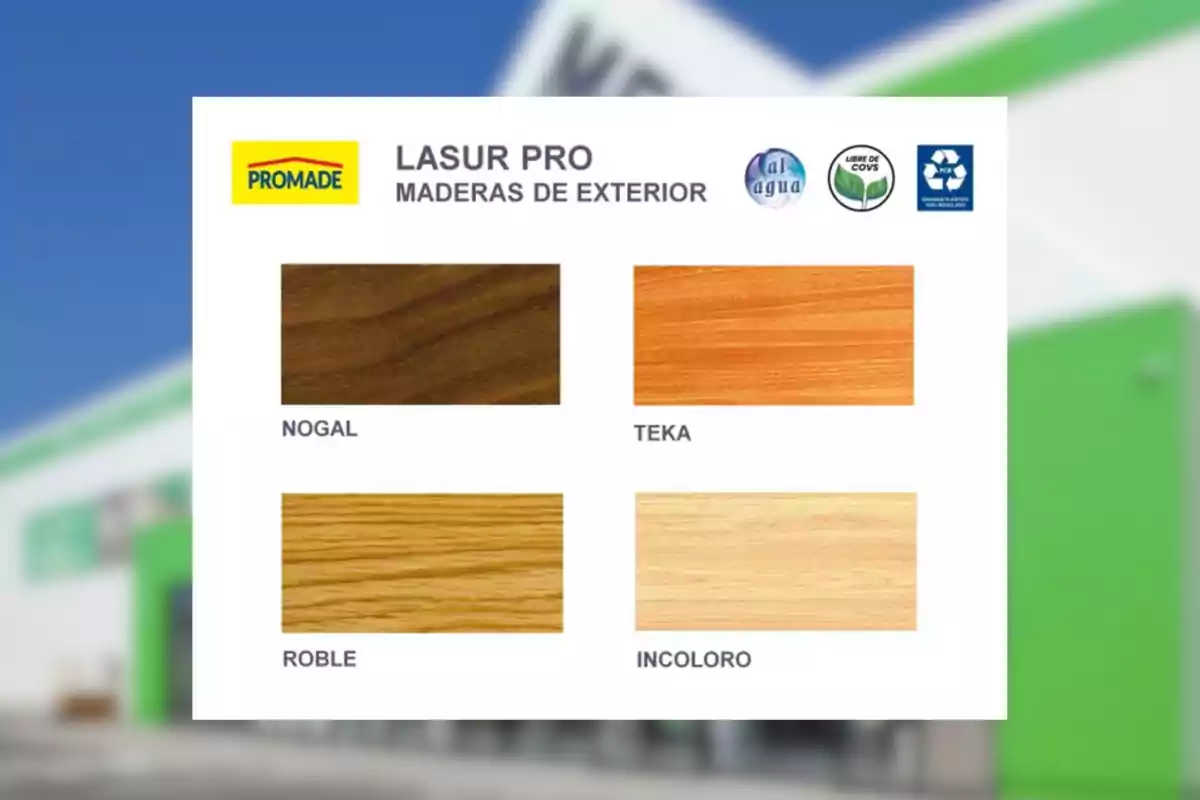 Mostrari d’acabats per a fustes d’exterior Promade Lasur Pro amb quatre opcions de color: noguera, teka, roure i incolor. Mostrari d’acabats per a fustes d’exterior Promade Lasur Pro amb quatre opcions de color: noguera, teka, roure i incolor.
