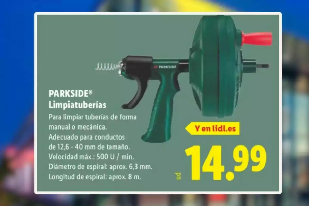 Limpiatuberías Parkside de color verde con detalles en negro y rojo, acompañado de información sobre sus características y precio de 14,99 euros en Lidl