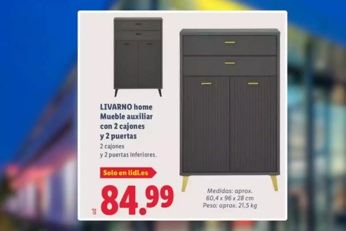 Moble auxiliar LIVARNO home de color fosc amb dos calaixos i dues portes, potes curtes i detalls en daurat, preu 84,99 euros, disponible només a lidl.es