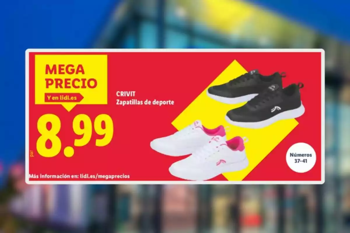 Oferta de sabatilles esportives Crivit en colors blanc amb rosa i negre amb sola blanca a 8,99 euros el parell a Lidl, disponible en talles del 37 al 41, sobre fons vermell i groc amb el text mega preu. Oferta de sabatilles esportives Crivit en colors blanc amb rosa i negre amb sola blanca a 8,99 euros el parell a Lidl, disponible en talles del 37 al 41, sobre fons vermell i groc amb el text mega preu.