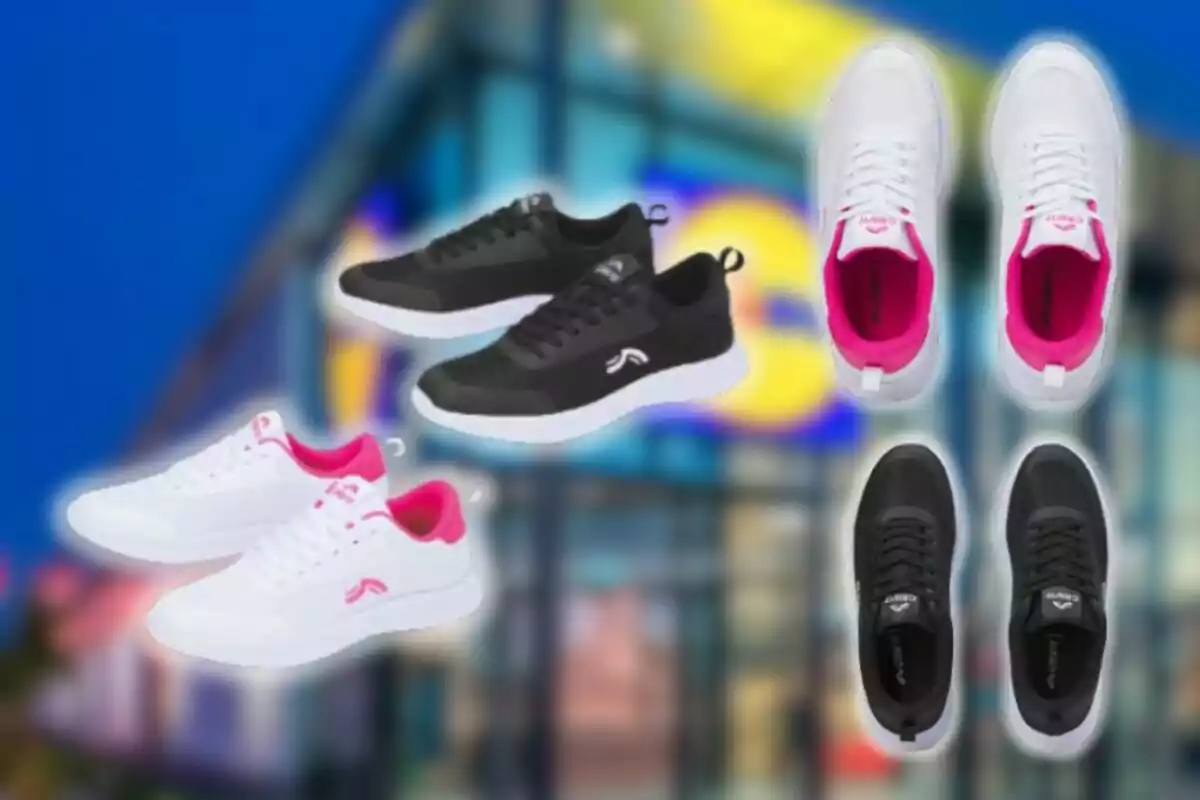 Quatre parells de sabatilles esportives en colors blanc amb rosa i negre amb blanc sobre un fons desenfocat d’una botiga Quatre parells de sabatilles esportives en colors blanc amb rosa i negre amb blanc sobre un fons desenfocat d’una botiga