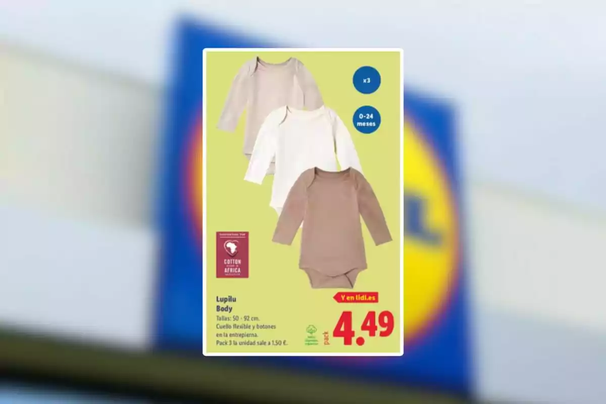Publicitat d’un pack de tres bodis de màniga llarga per a nadó en colors neutres amb un preu de 4,49 euros a Lidl