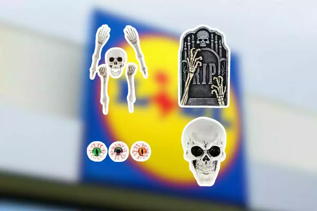 Decoraciones de Halloween con calaveras, huesos, lápida y ojos sobre un fondo desenfocado de un letrero de supermercado
