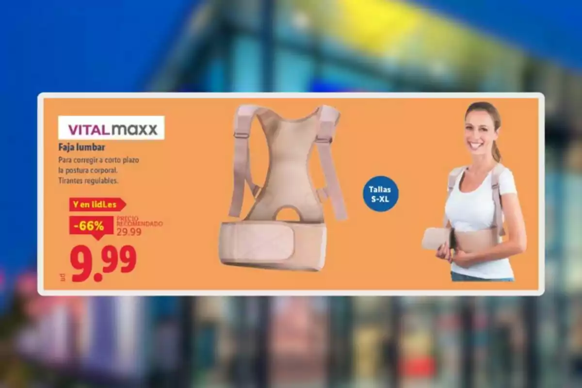 Publicitat d’una faixa lumbar Vitalmaxx amb tirants ajustables per corregir la postura corporal, disponible en talles S a XL, amb una dona utilitzant-la i un preu d’oferta de 9,99 euros. Publicitat d’una faixa lumbar Vitalmaxx amb tirants ajustables per corregir la postura corporal, disponible en talles S a XL, amb una dona utilitzant-la i un preu d’oferta de 9,99 euros.