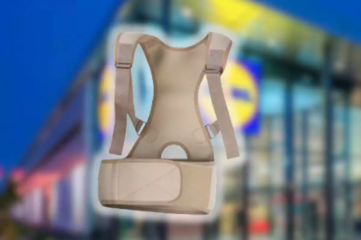 Corrector de postura beix amb tirants encoixinats sobre un fons difuminat d’una botiga Corrector de postura beix amb tirants encoixinats sobre un fons difuminat d’una botiga