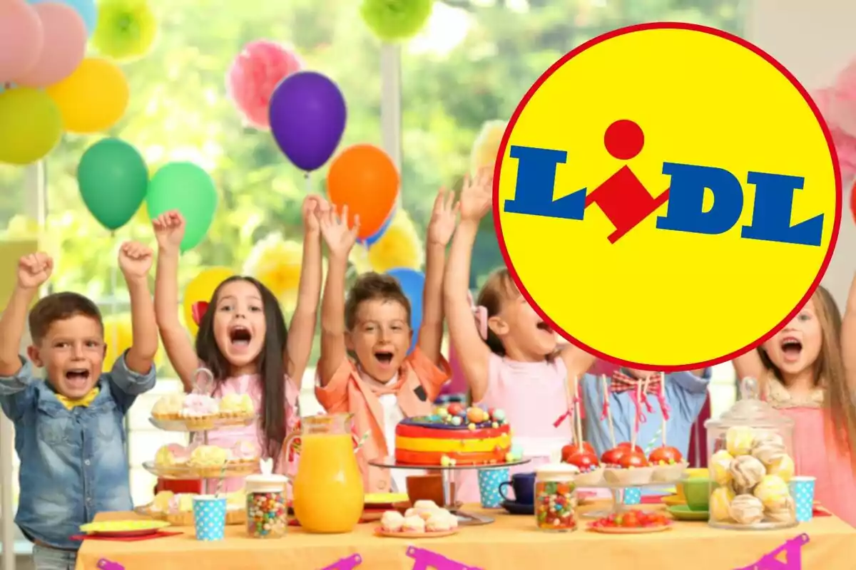 Nens celebrant una festa amb globus i dolços mentre el logotip de Lidl cobreix part de la imatge