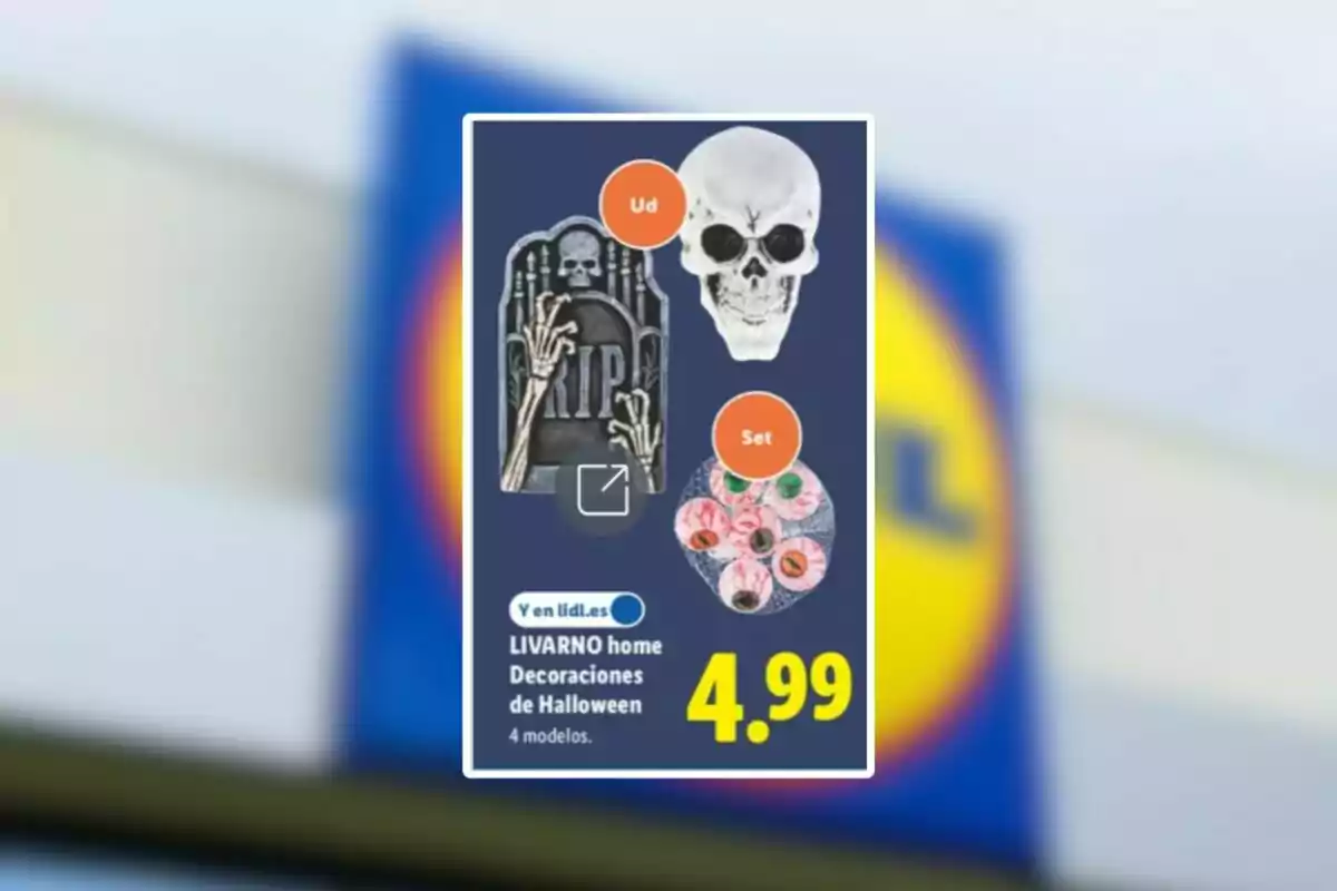 Publicidad de decoraciones de Halloween de la marca LIVARNO home en Lidl con imágenes de una calavera, una lápida y ojos decorativos, precio 4.99 euros