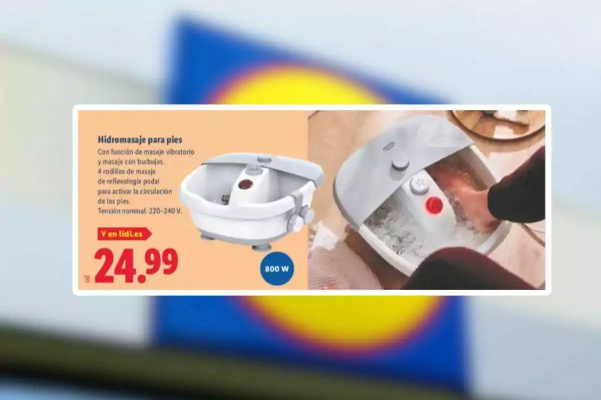 Publicitat d’un hidromassatge per a peus amb funció de massatge vibratori i bombolles, quatre rodets de massatge, potència de 800 W i preu de 24,99 euros a Lidl Publicitat d’un hidromassatge per a peus amb funció de massatge vibratori i bombolles, quatre rodets de massatge, potència de 800 W i preu de 24,99 euros a Lidl