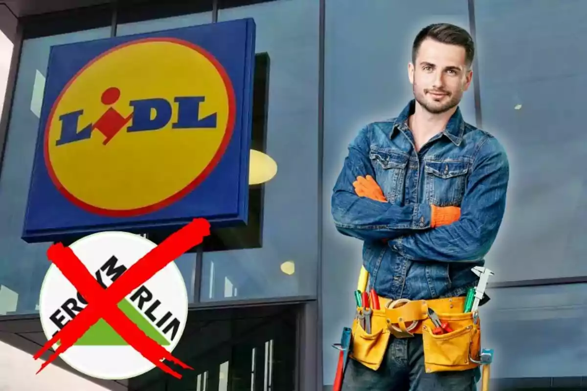 Un hombre con herramientas y guantes naranjas está de pie frente a una tienda Lidl, mientras el logo de otra tienda aparece tachado con una X roja. Un hombre con herramientas y guantes naranjas está de pie frente a una tienda Lidl, mientras el logo de otra tienda aparece tachado con una X roja.