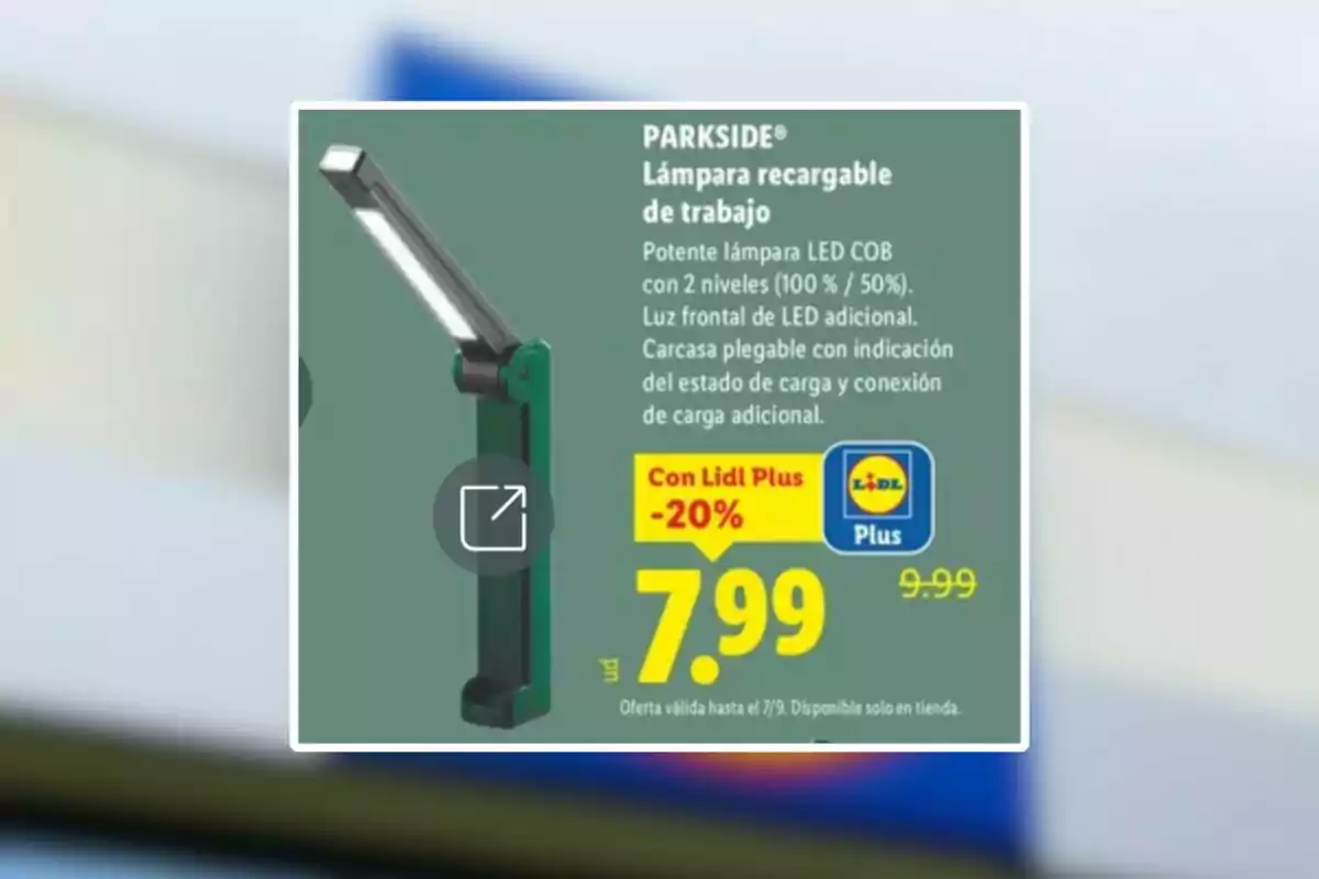 Làmpada recarregable de treball Parkside amb llum LED COB de dos nivells i carcassa plegable en oferta per 7,99 euros amb Lidl Plus