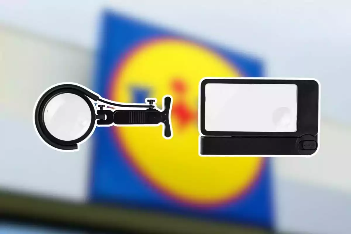 Dos lupas de aumento sobre un fondo desenfocado con el logotipo de una tienda. Dos lupas de aumento sobre un fondo desenfocado con el logotipo de una tienda.