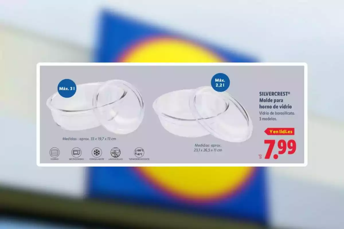 Dos motlles de vidre per forn amb tapa de la marca Silvercrest, un de 3 litres i un altre de 2,2 litres, amb un preu de 7,99 euros a Lidl.