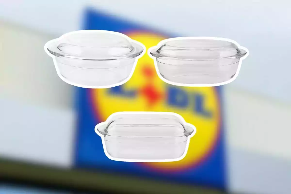 Tres recipients de vidre transparents amb tapa apareixen sobre un fons desenfocat amb el logotip de Lidl.