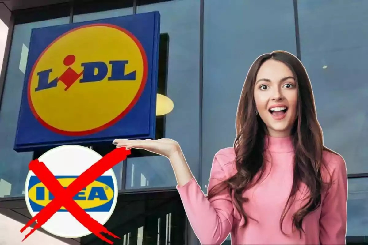Dona somrient amb gest de sorpresa davant d’una botiga Lidl, assenyalant un logotip d’Ikea ratllat amb una X vermella Dona somrient amb gest de sorpresa davant d’una botiga Lidl, assenyalant un logotip d’Ikea ratllat amb una X vermella