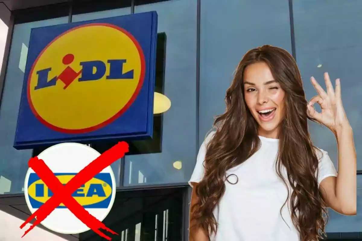 Una dona somrient fa un gest d'ok davant d'una botiga Lidl, mentre el logotip d'IKEA apareix ratllat amb una X vermella.