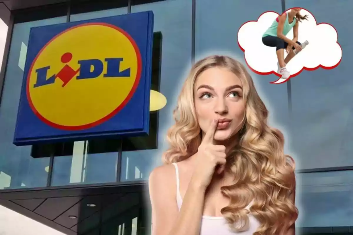 Una dona rossa pensativa davant d’una botiga Lidl amb un rètol gran i un globus de pensament que mostra una persona fent exercici. Una dona rossa pensativa davant d’una botiga Lidl amb un rètol gran i un globus de pensament que mostra una persona fent exercici.