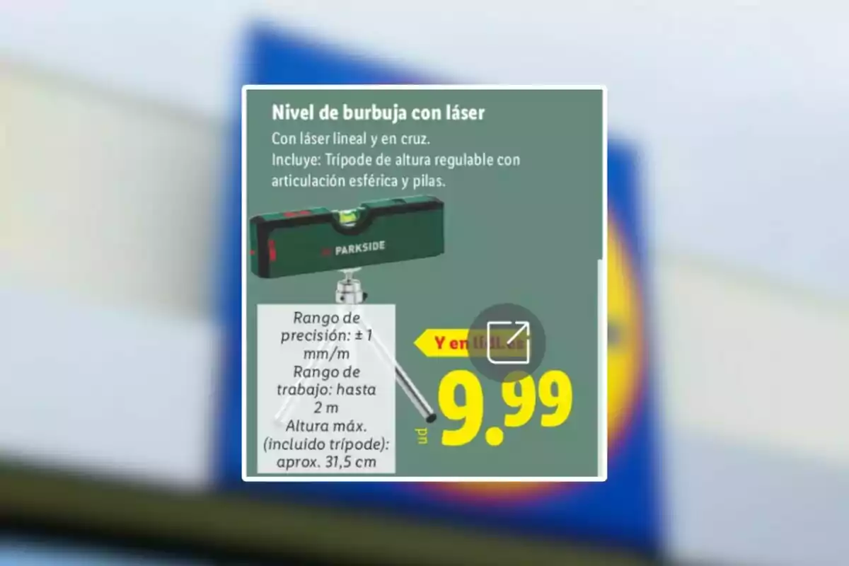 Publicitat d’un nivell de bombolla amb làser Parkside que inclou trípode i piles, amb un preu de 9,99 euros Publicitat d’un nivell de bombolla amb làser Parkside que inclou trípode i piles, amb un preu de 9,99 euros