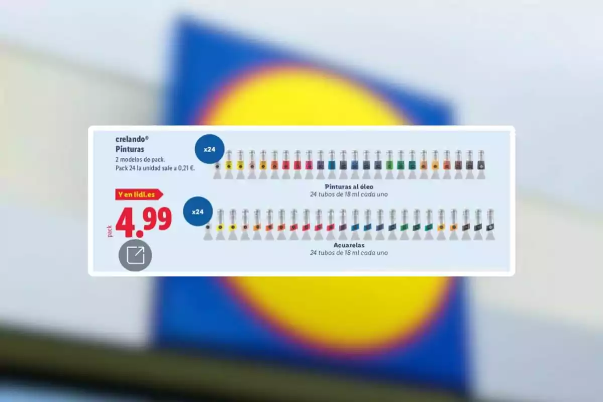 Oferta de pintures Crelando en pack de 24 tubs de 18 ml cadascun disponibles en oli i aquarel·les per 4,99 euros a Lidl amb fons desenfocat del logotip de la botiga. Oferta de pintures Crelando en pack de 24 tubs de 18 ml cadascun disponibles en oli i aquarel·les per 4,99 euros a Lidl amb fons desenfocat del logotip de la botiga.