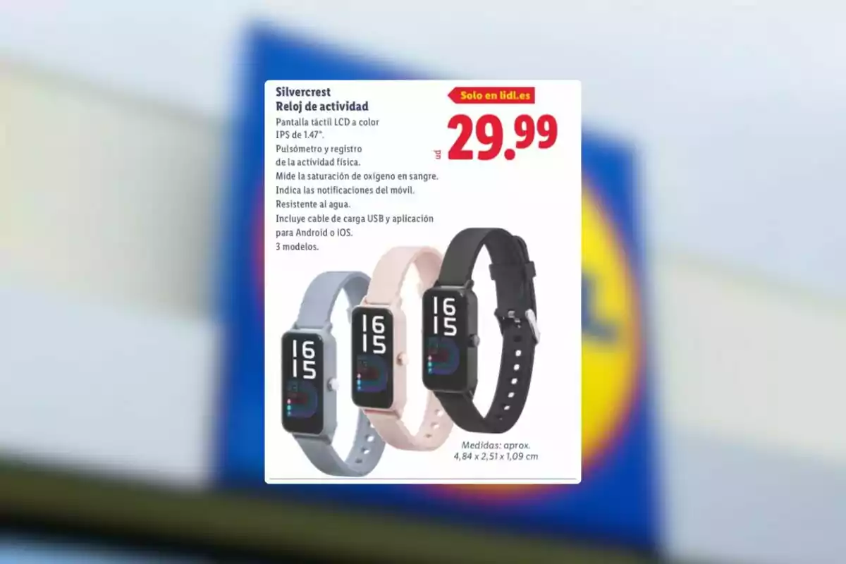 Oferta de rellotge d’activitat Silvercrest en tres colors amb pantalla tàctil, pulsòmetre, mesura d’oxigen, notificacions i resistència a l’aigua per 29,99 euros a Lidl Oferta de rellotge d’activitat Silvercrest en tres colors amb pantalla tàctil, pulsòmetre, mesura d’oxigen, notificacions i resistència a l’aigua per 29,99 euros a Lidl
