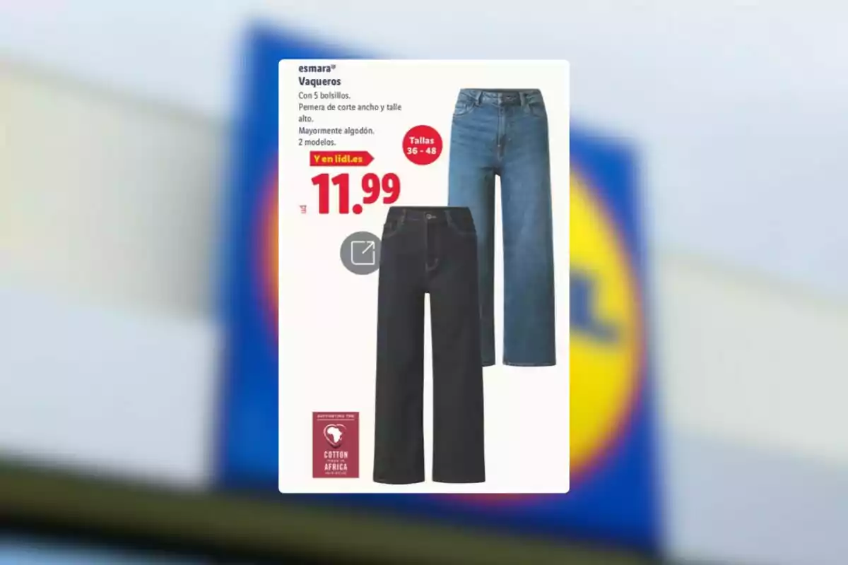 Publicitat de pantalons texans de dona en dos colors diferents amb un preu de 11,99 euros i talles disponibles de la 36 a la 48 en una botiga Lidl
