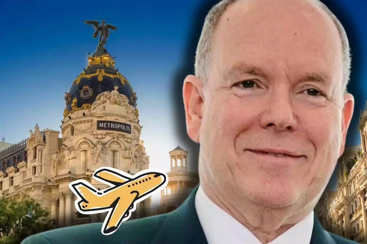 Alberto de Mónaco sonriente en primer plano con el edificio Metrópolis de Madrid al fondo y un dibujo de un avión amarillo superpuesto