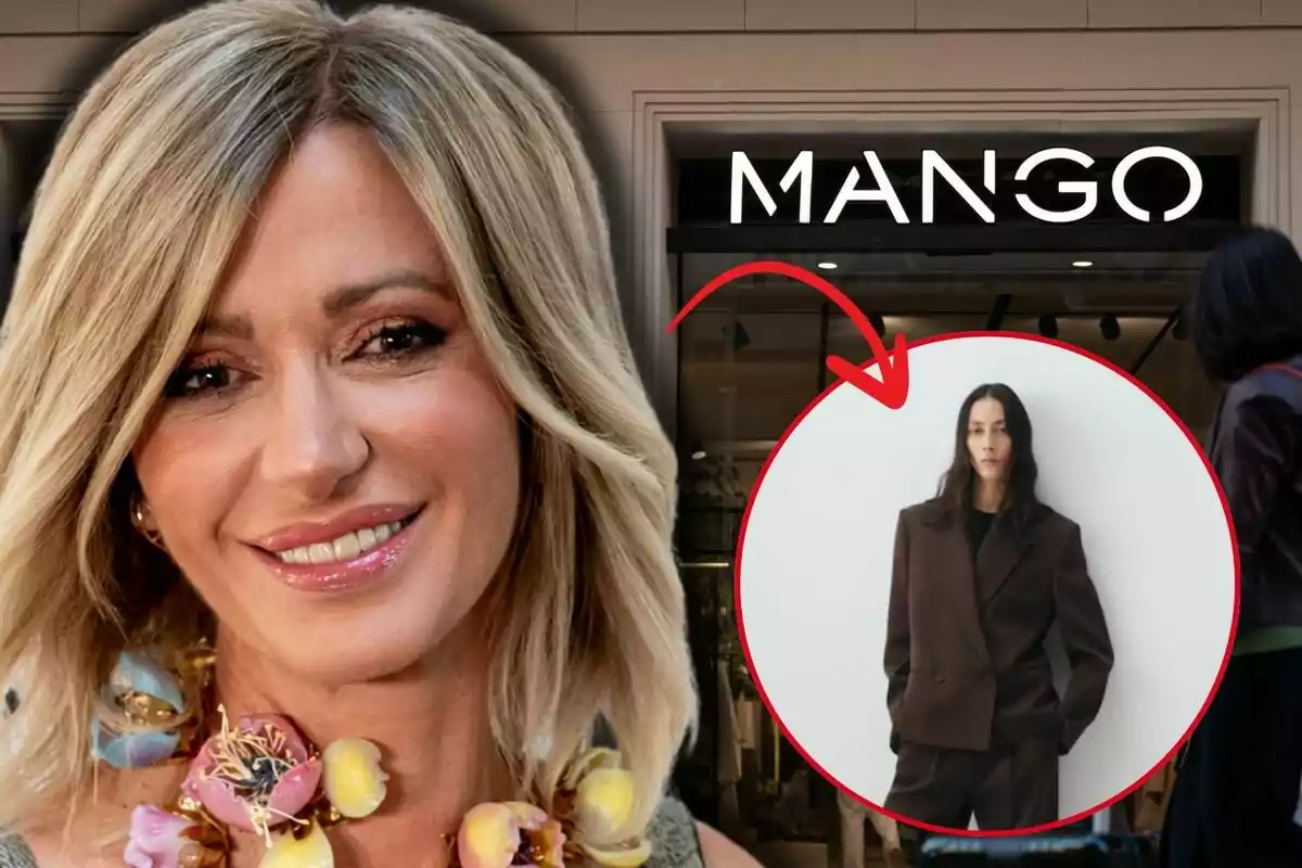 Susanna Griso sonriente en primer plano, al fondo una tienda de Mango y un círculo rojo que resalta a una modelo con traje marrón Susanna Griso sonriente en primer plano, al fondo una tienda de Mango y un círculo rojo que resalta a una modelo con traje marrón