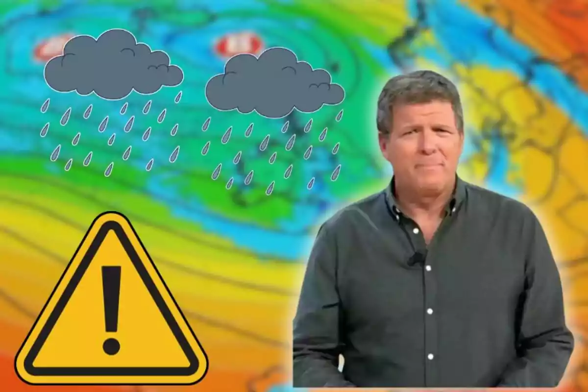 Hombre presentando el clima con fondo de mapa meteorológico, nubes de lluvia y señal de advertencia amarilla Hombre presentando el clima con fondo de mapa meteorológico, nubes de lluvia y señal de advertencia amarilla