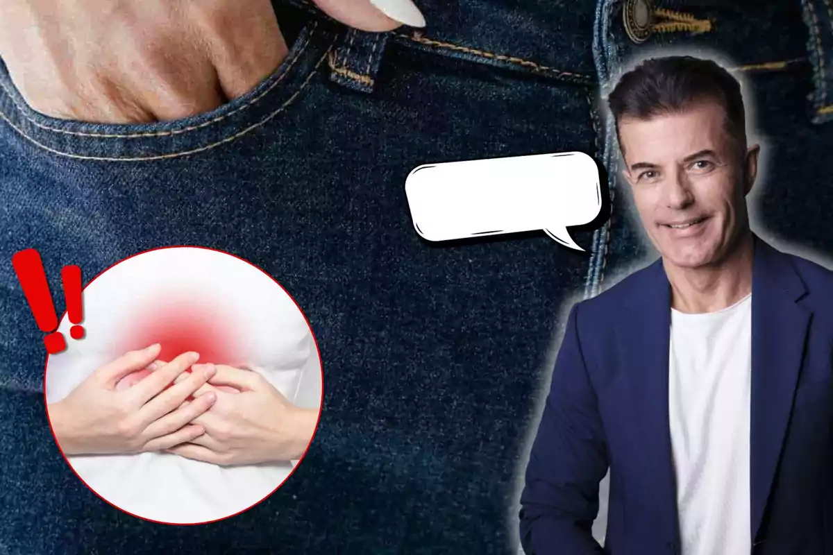 Manuel Viso sonriente con saco azul y camiseta blanca junto a un círculo con manos sobre el pecho y un área roja indicando dolor sobre un fondo de mezclilla