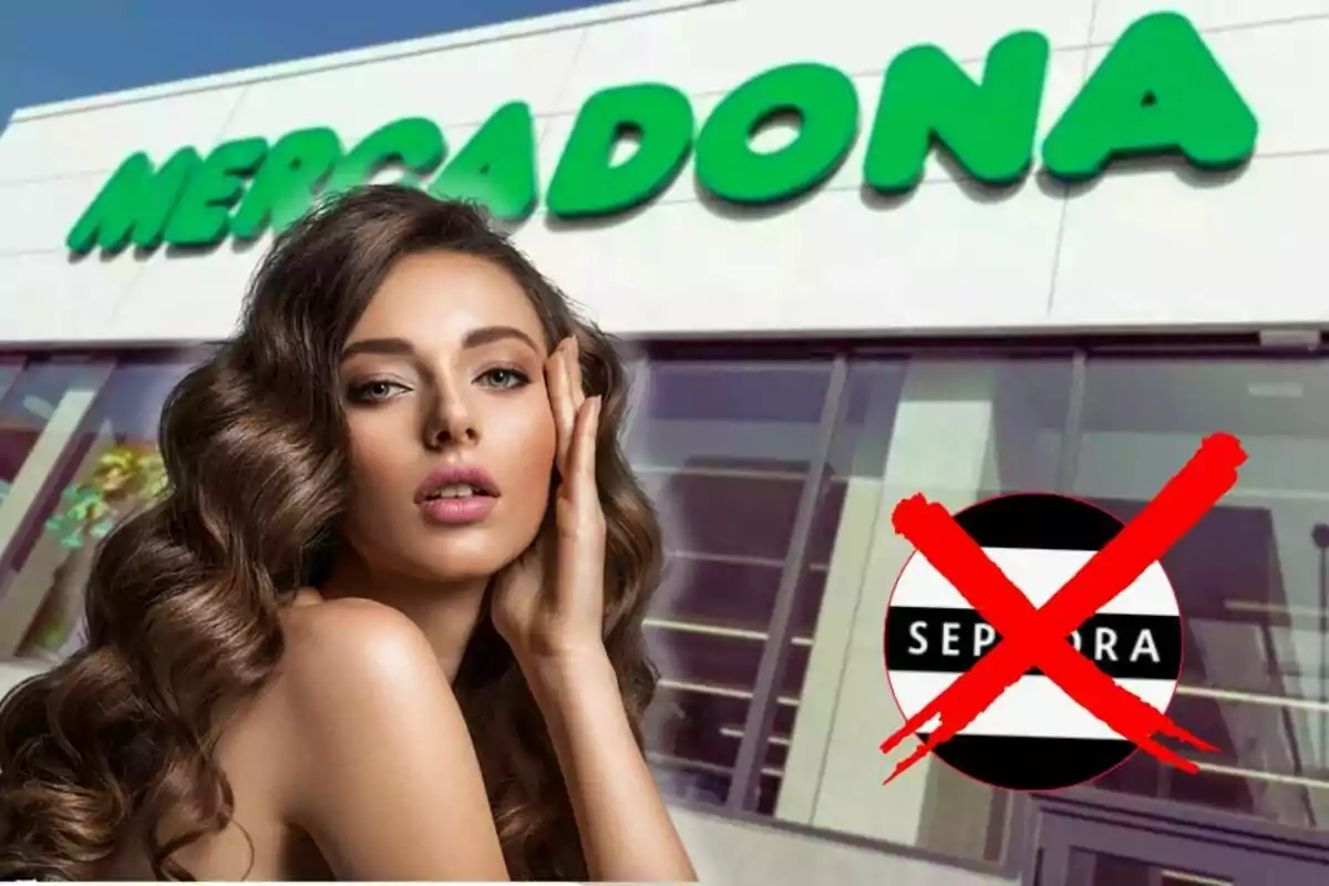 Una dona amb cabell llarg i ondulat davant d’una botiga de Mercadona i un símbol de Sephora ratllat amb una X vermella