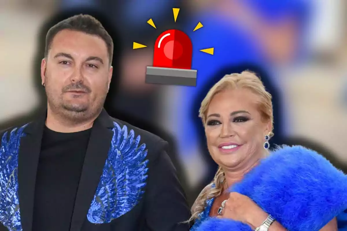 Miguel Marcos i Belén Esteban posen junts amb roba elegant de color blau i al fons apareix un dibuix d’una sirena d’alarma vermella. Miguel Marcos i Belén Esteban posen junts amb roba elegant de color blau i al fons apareix un dibuix d’una sirena d’alarma vermella.