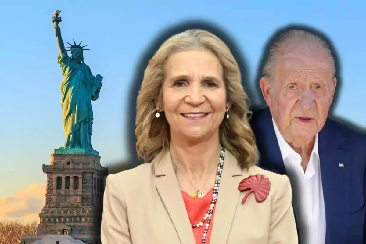 La infanta Elena somrient i Joan Carles I apareixen davant de l’Estàtua de la Llibertat amb un cel blau de fons