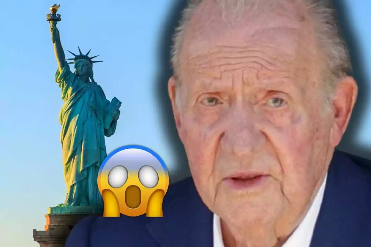 Joan Carles I amb expressió seriosa apareix al costat de l’Estàtua de la Llibertat i un emoji de sorpresa