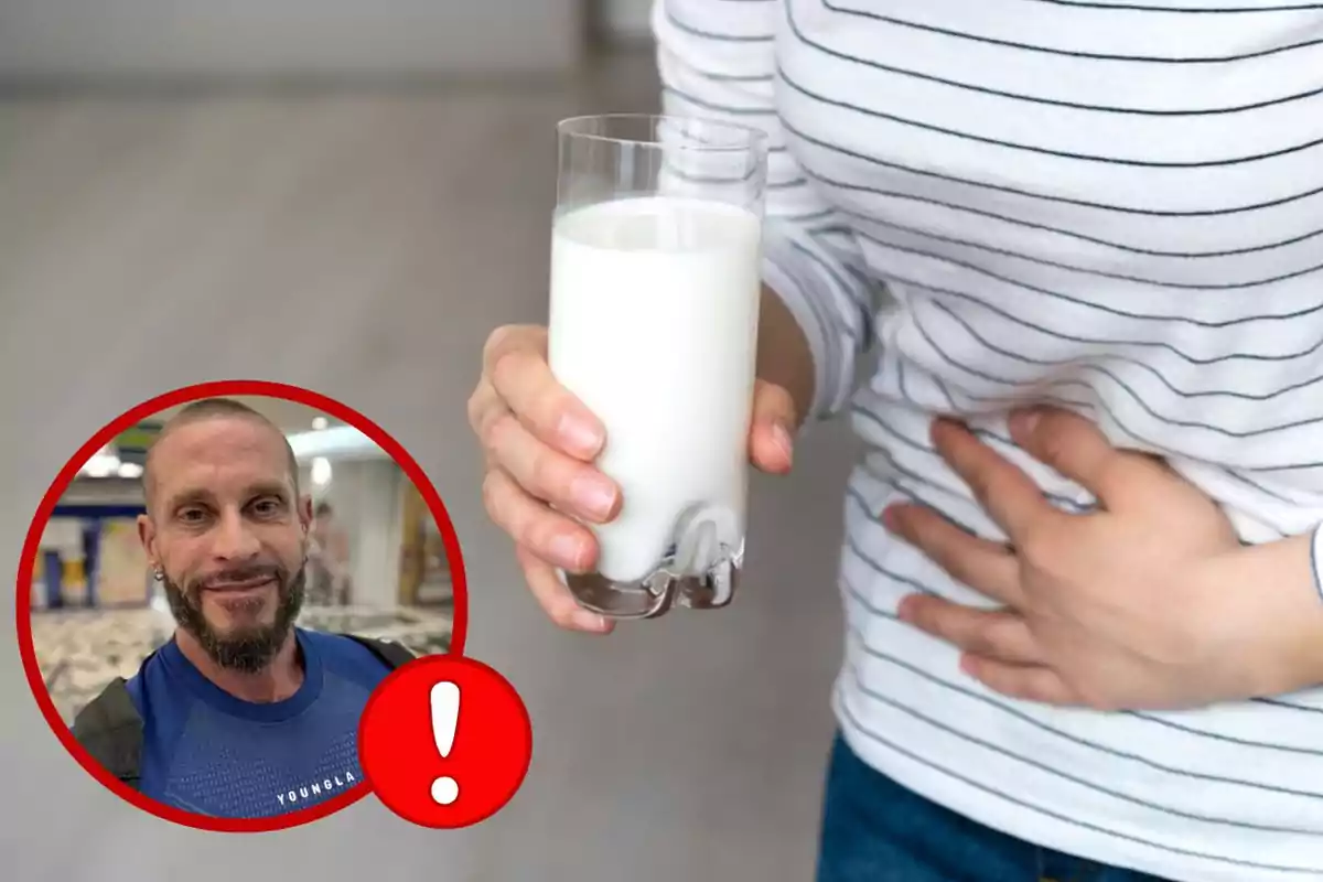Persona amb mal de panxa sostenint un got de llet i un requadre amb la foto del nutricionista Fran Susín i un símbol d’advertència