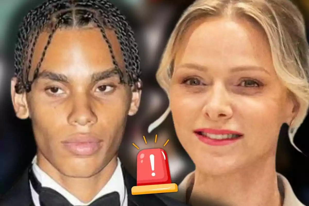 Alexandre Grimaldi i Charlene en primer pla amb un emoji de sirena d’alerta al centre