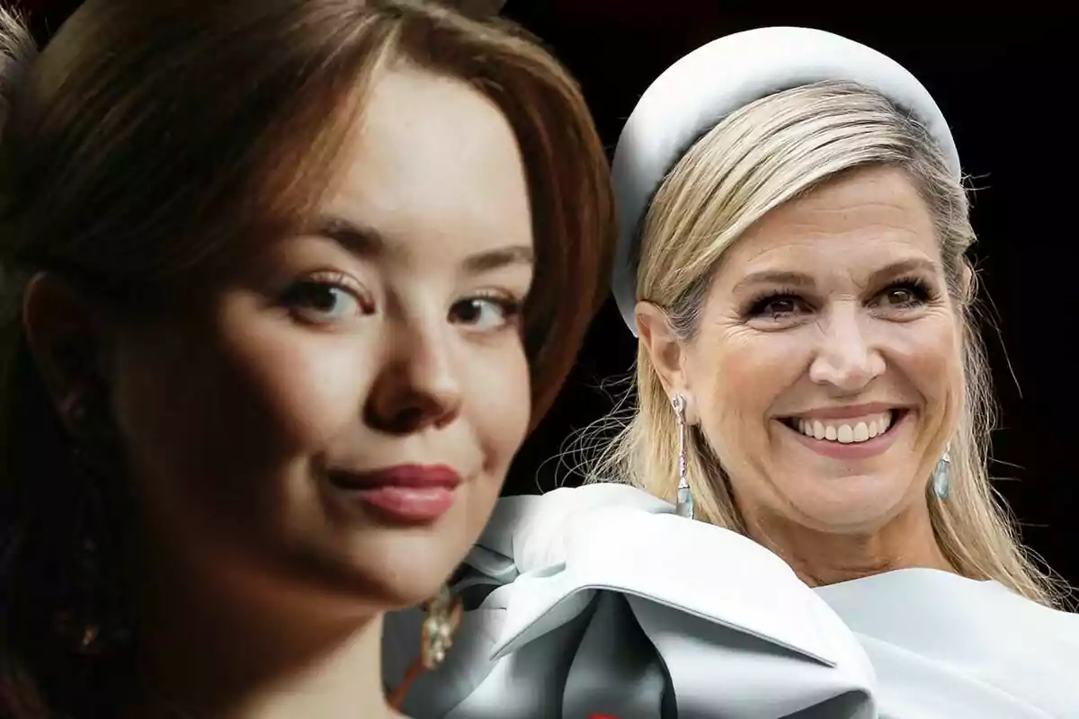 Ariane i Máxima d’Holanda posen una al costat de l’altra, una de cabells castanys i l’altra rossa amb un tocador blanc, ambdues somriuen lleument.