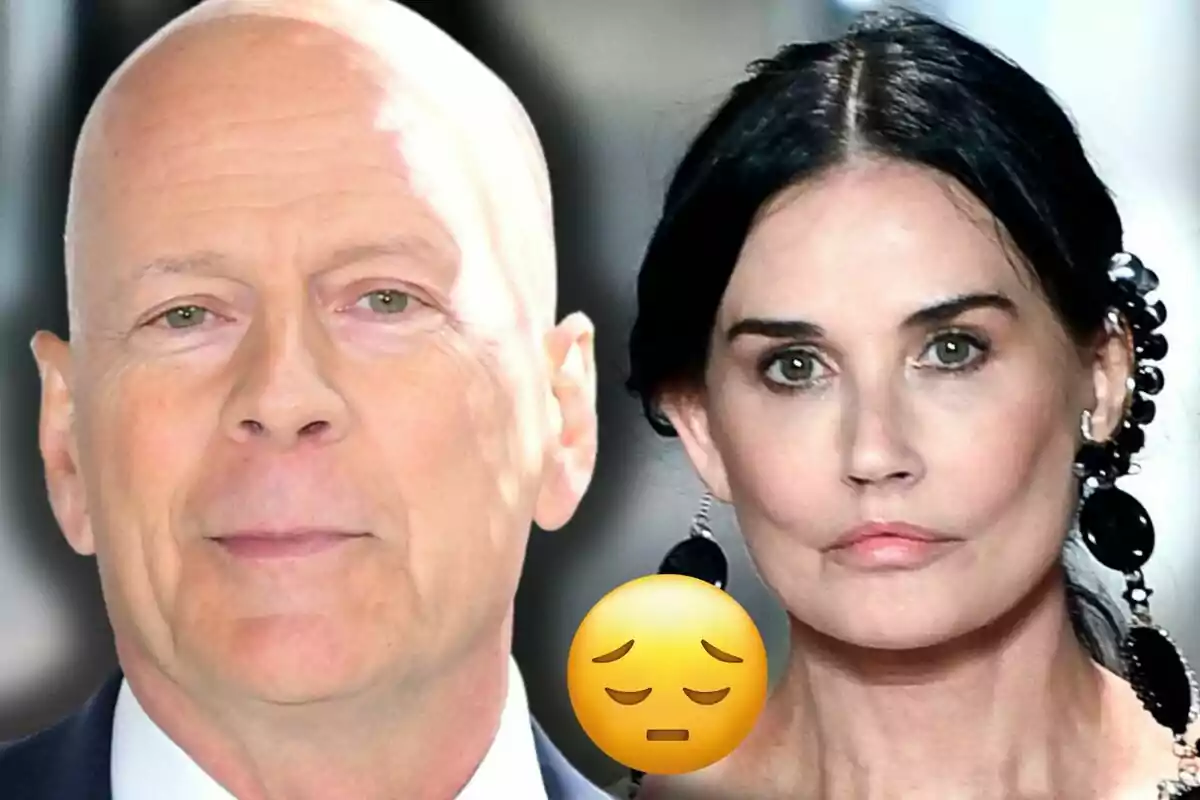 Bruce Willis i Demi Moore amb expressió seriosa i un emoji de tristesa al centre Bruce Willis i Demi Moore amb expressió seriosa i un emoji de tristesa al centre